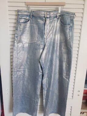 American Eagle Metallic Silver Blue Super High Rise Baggy Wide Leg Jeans